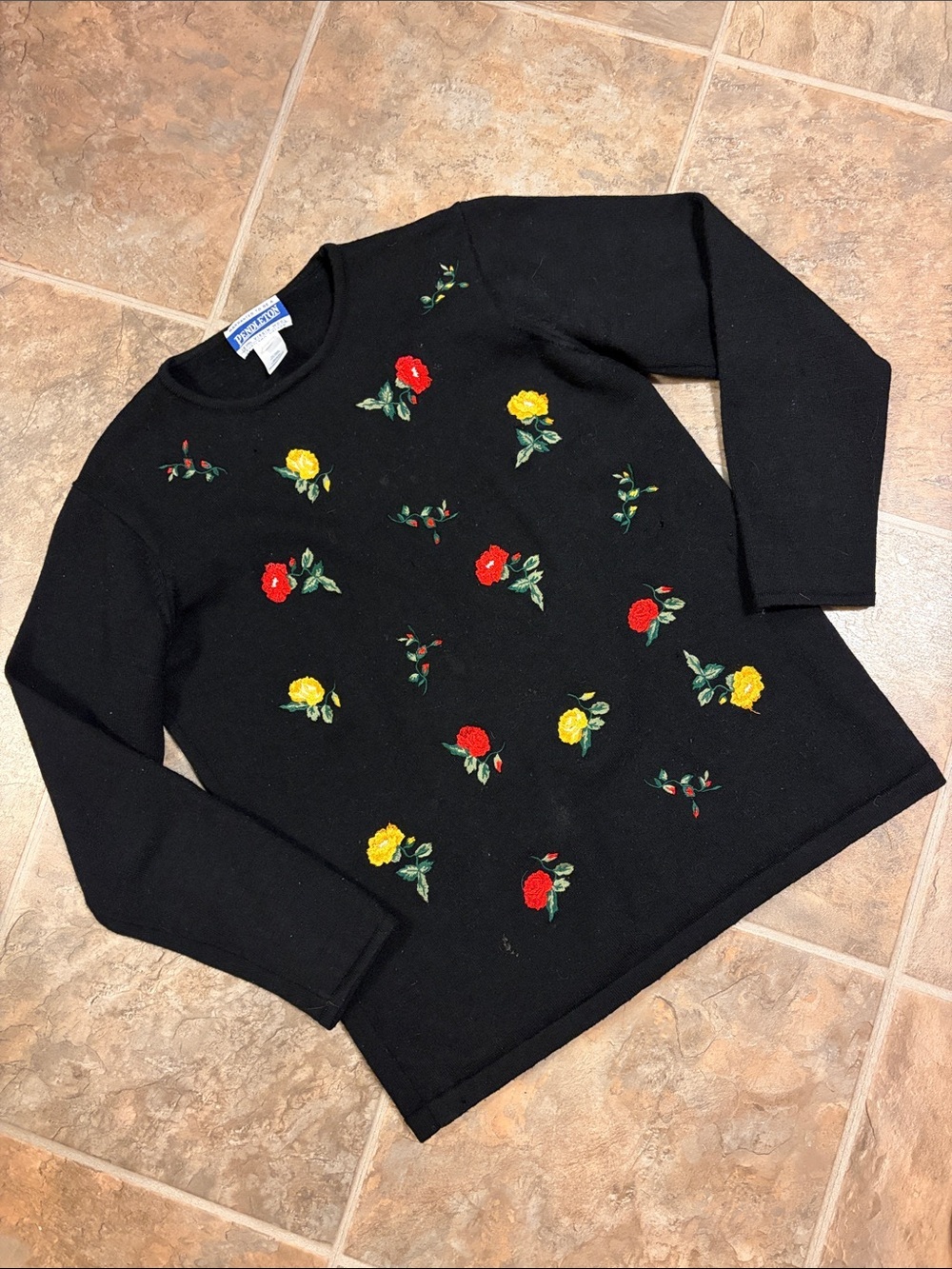 Pendleton Wool Black Sweater with Red and Yellow Rose Embroidery